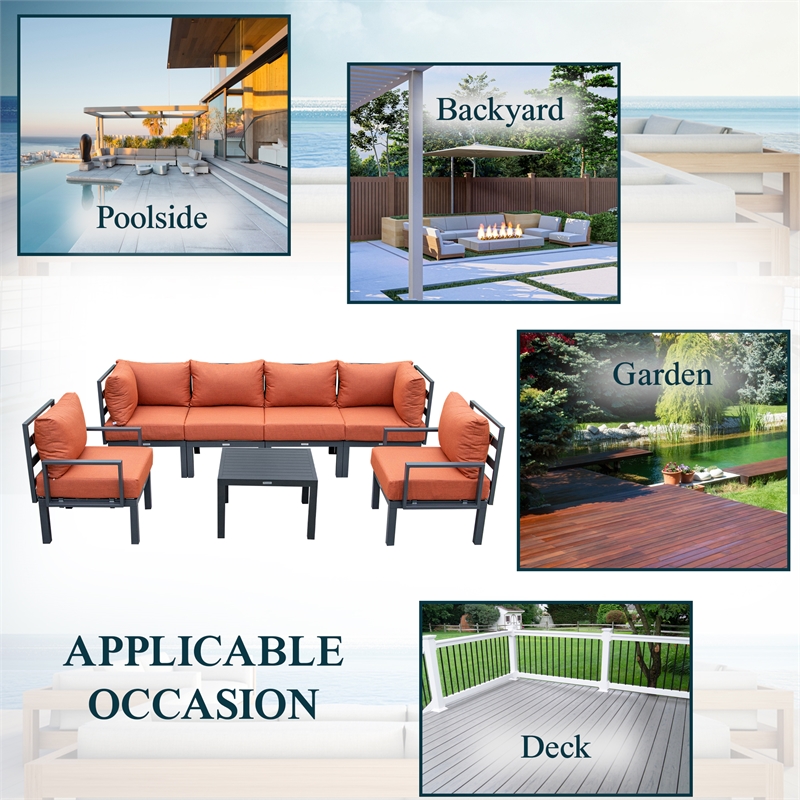 LeisureMod Chelsea 7-Piece Patio Set with Coffee Table and Cushions in Orange