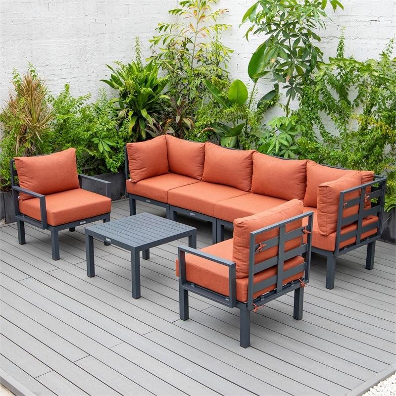 LeisureMod Chelsea 7-Piece Patio Set with Coffee Table and Cushions in Orange