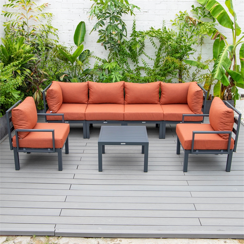 LeisureMod Chelsea 7-Piece Patio Set with Coffee Table and Cushions in Orange