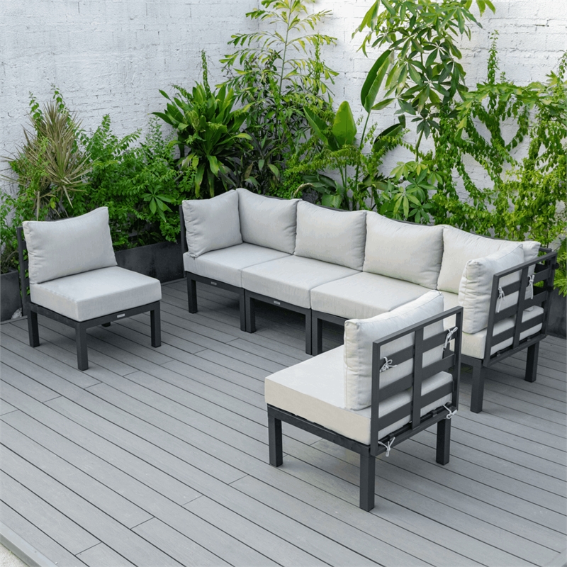 LeisureMod Chelsea 6-Piece Patio Set in Black Aluminum with Beige Cushions
