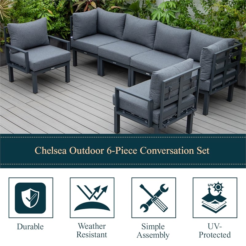 LeisureMod Chelsea 6-Piece Patio Set in Black Aluminum with Black Cushions