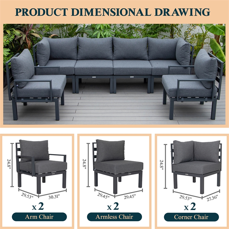 LeisureMod Chelsea 6-Piece Patio Set in Black Aluminum with Black Cushions