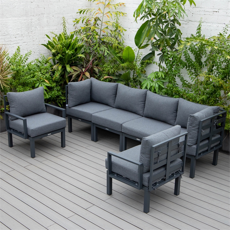 LeisureMod Chelsea 6-Piece Patio Set in Black Aluminum with Black Cushions