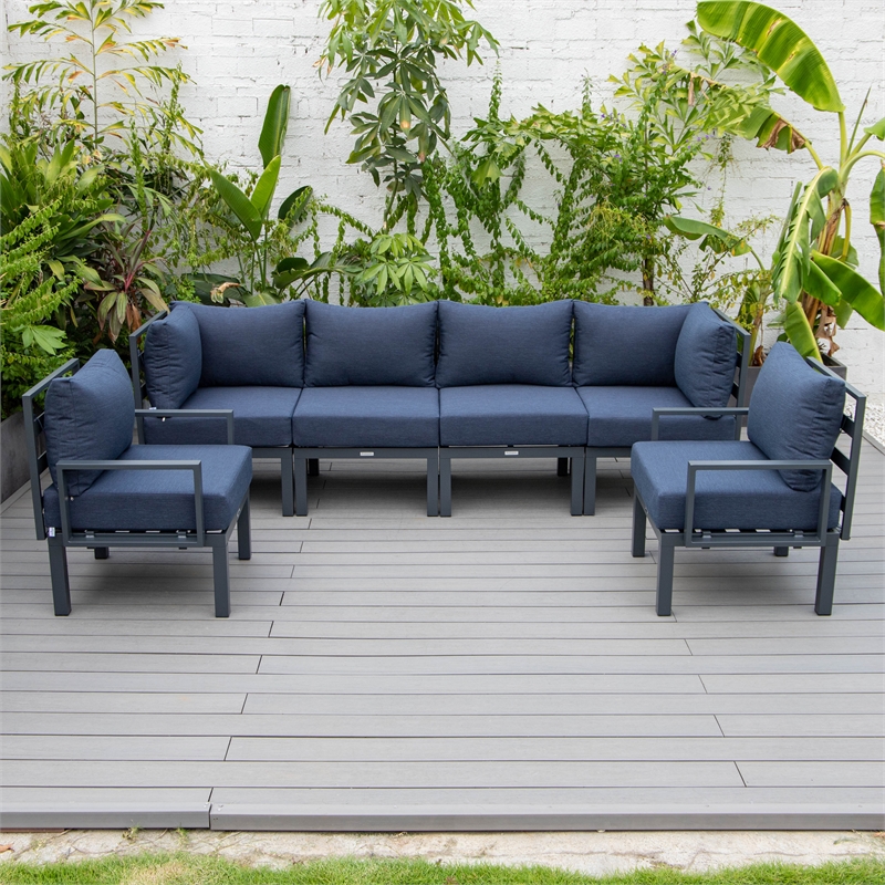 LeisureMod Chelsea 6-Piece Patio Set in Black Aluminum with Blue Cushions
