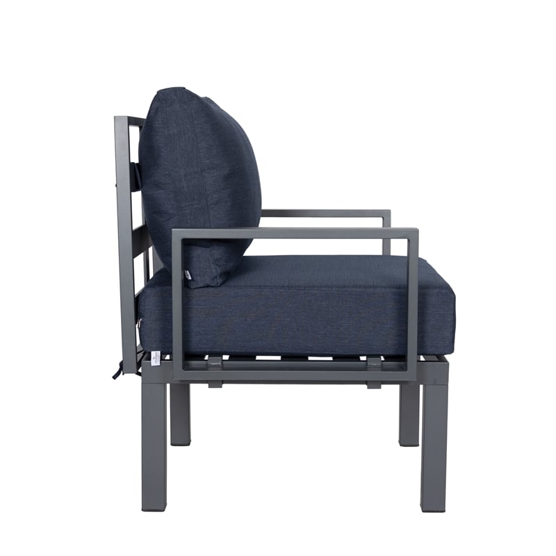 LeisureMod Chelsea 6-Piece Patio Set in Black Aluminum with Blue Cushions