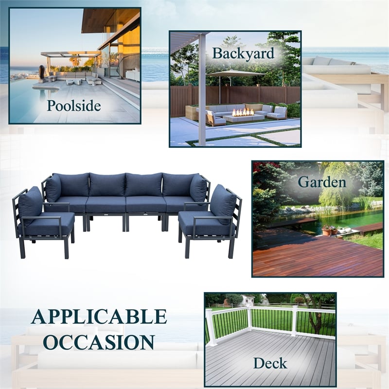 LeisureMod Chelsea 6-Piece Patio Set in Black Aluminum with Blue Cushions