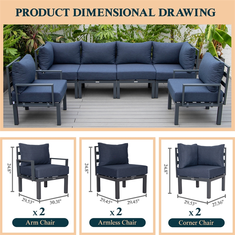 LeisureMod Chelsea 6-Piece Patio Set in Black Aluminum with Blue Cushions