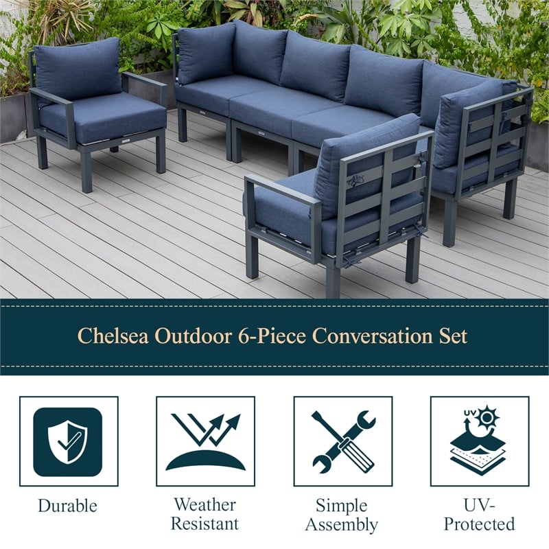 LeisureMod Chelsea 6-Piece Patio Set in Black Aluminum with Blue Cushions
