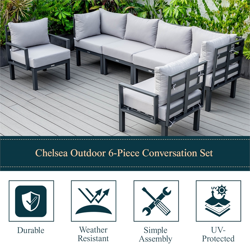 LeisureMod Chelsea 6-Piece Patio Set in Black Aluminum with Light Gray Cushions