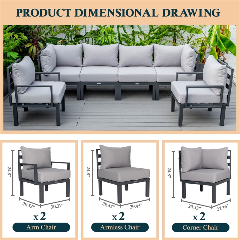 LeisureMod Chelsea 6-Piece Patio Set in Black Aluminum with Light Gray Cushions
