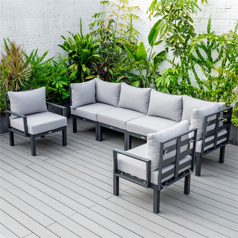 LeisureMod Chelsea 6-Piece Patio Set in Black Aluminum with Light Gray Cushions