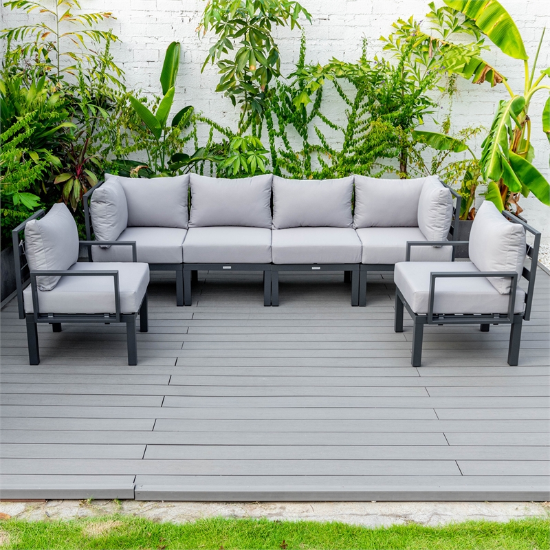 LeisureMod Chelsea 6-Piece Patio Set in Black Aluminum with Light Gray Cushions