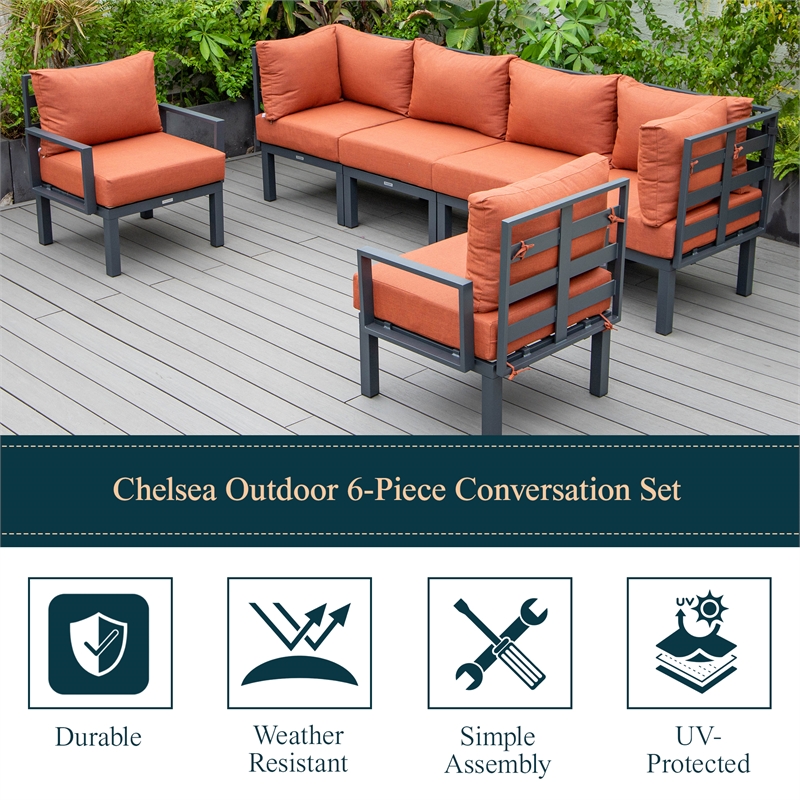 LeisureMod Chelsea 6-Piece Patio Set in Black Aluminum with Orange Cushions