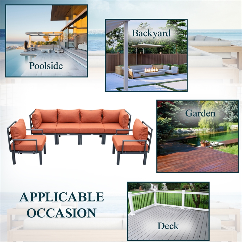 LeisureMod Chelsea 6-Piece Patio Set in Black Aluminum with Orange Cushions