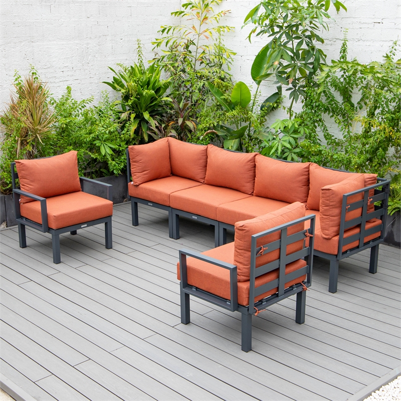 LeisureMod Chelsea 6-Piece Patio Set in Black Aluminum with Orange Cushions