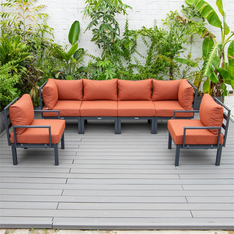 LeisureMod Chelsea 6-Piece Patio Set in Black Aluminum with Orange Cushions
