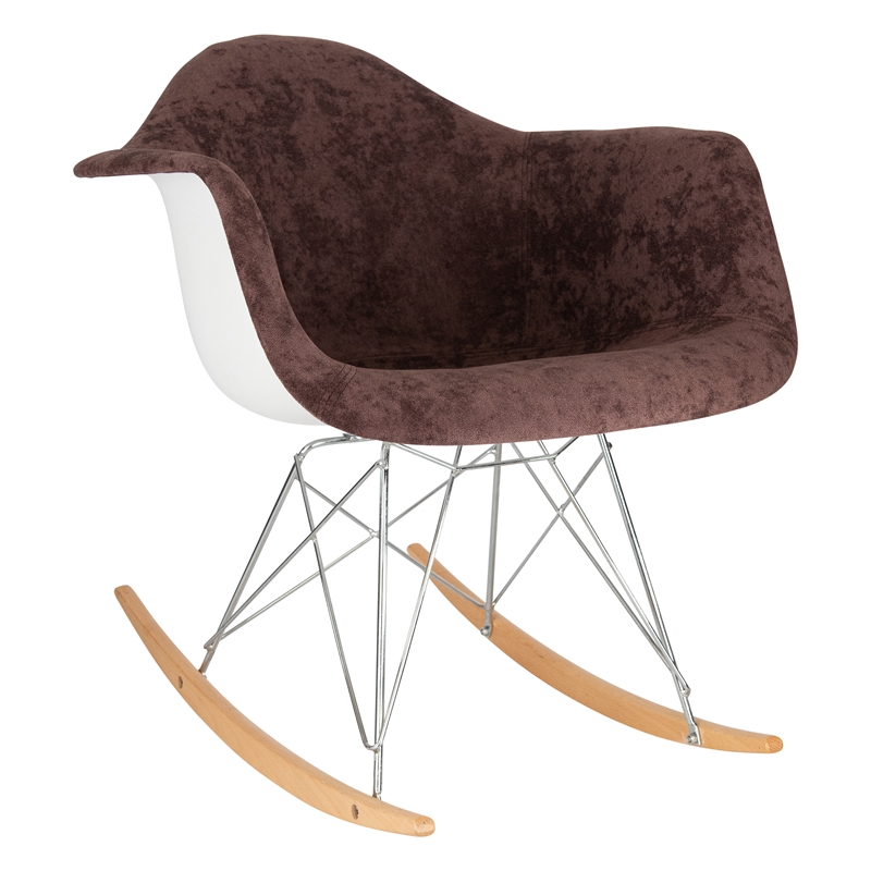 LeisureMod Wilson Mid-Century Velvet Eiffel Base Rocking Chair in Coffee Brown