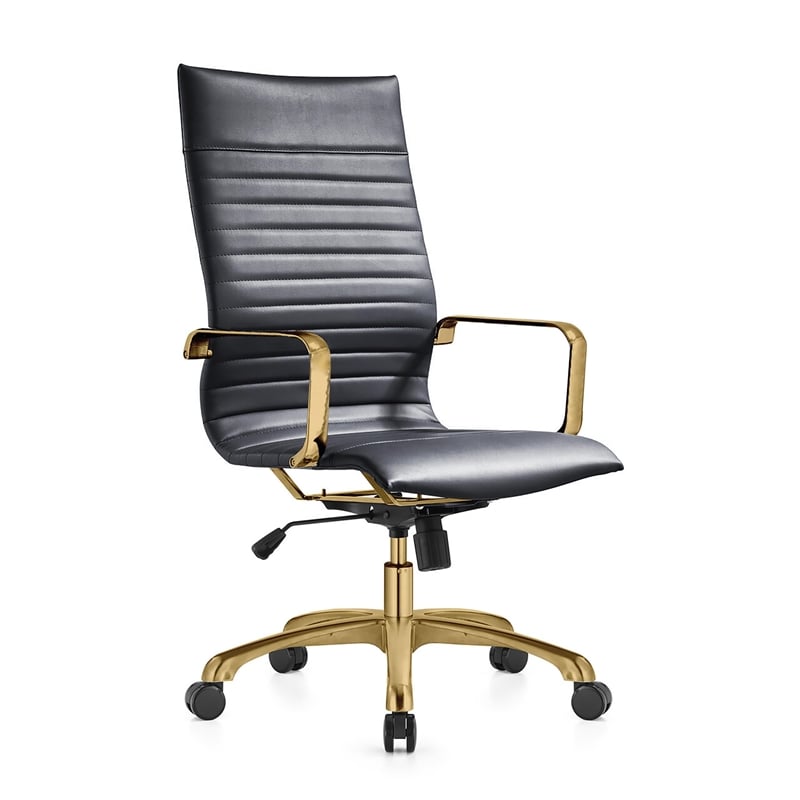 LeisureMod Harris High-Back Faux Leather Office Chair With Gold Frame in Black