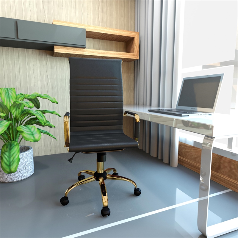 LeisureMod Harris High-Back Faux Leather Office Chair With Gold Frame in Black