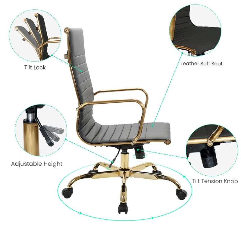 LeisureMod Harris High-Back Faux Leather Office Chair With Gold Frame in Black