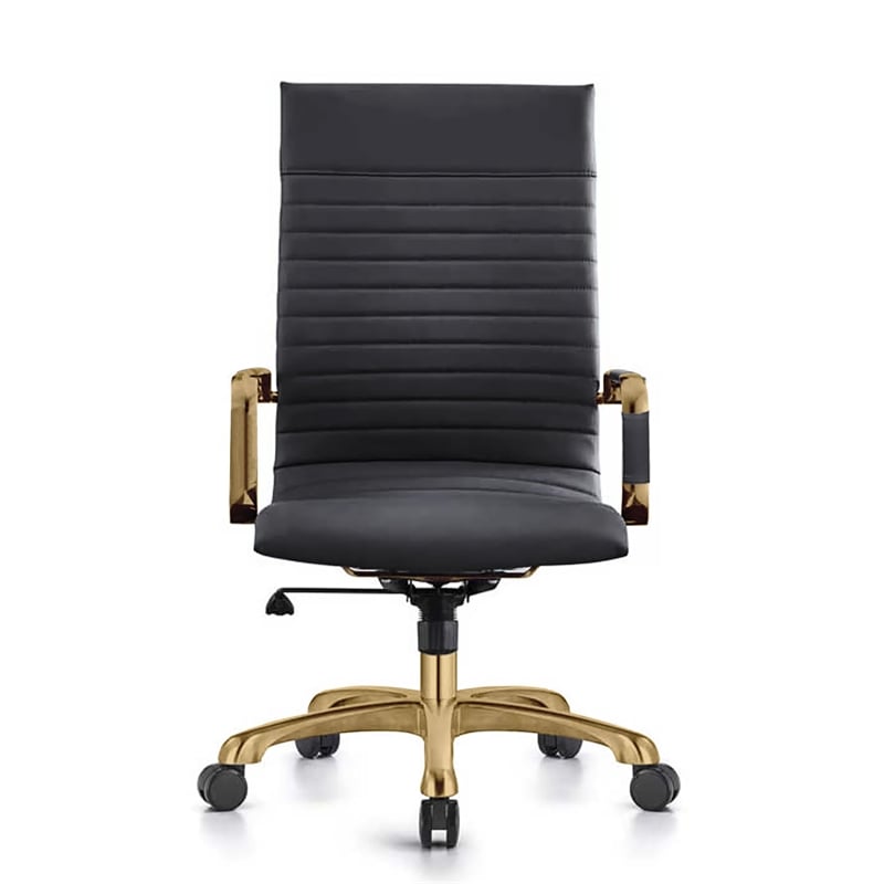 LeisureMod Harris High-Back Faux Leather Office Chair With Gold Frame in Black