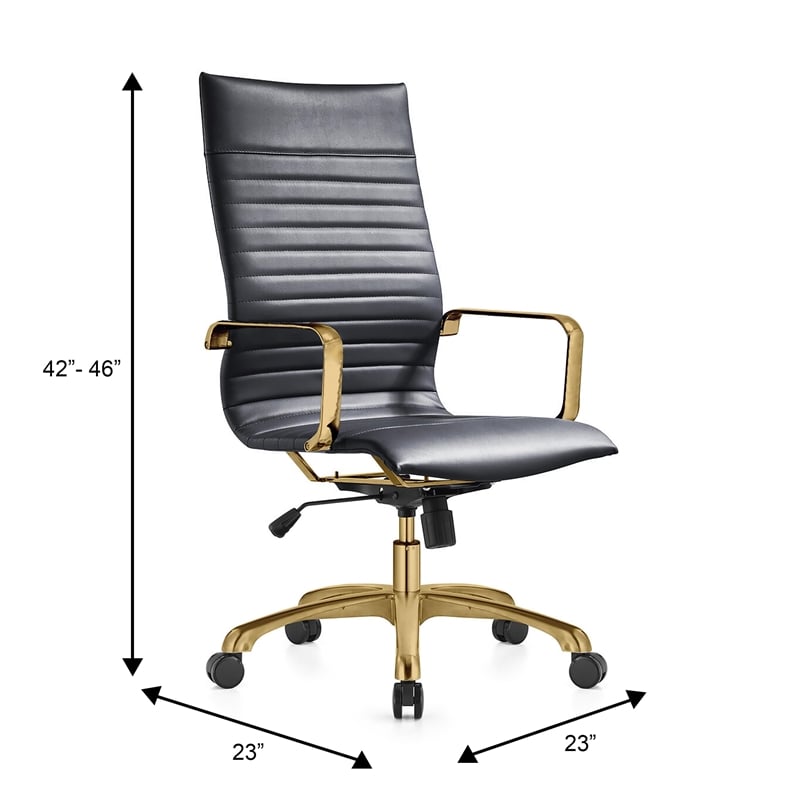 LeisureMod Harris High-Back Faux Leather Office Chair With Gold Frame in Black