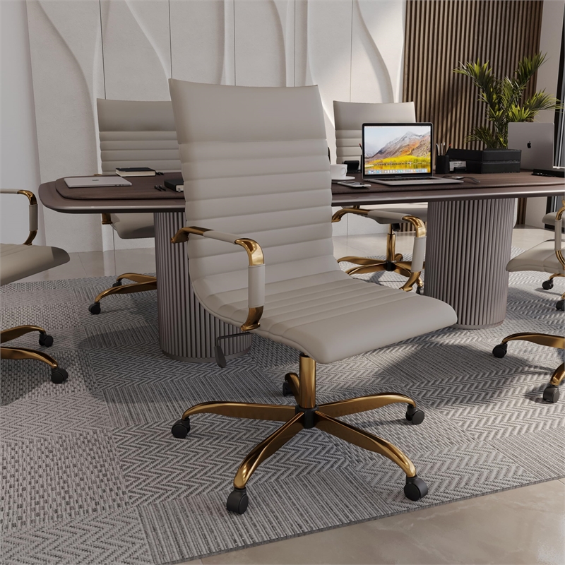 LeisureMod Harris High-Back Faux Leather Office Chair With Gold Frame in Tan