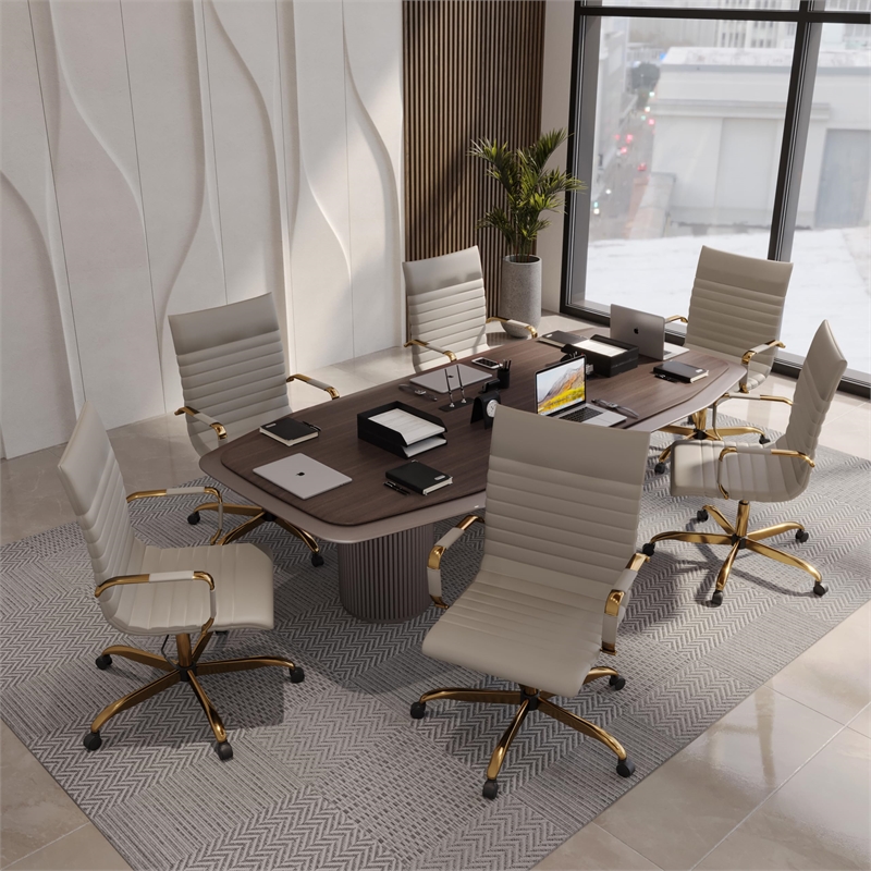 LeisureMod Harris High-Back Faux Leather Office Chair With Gold Frame in Tan