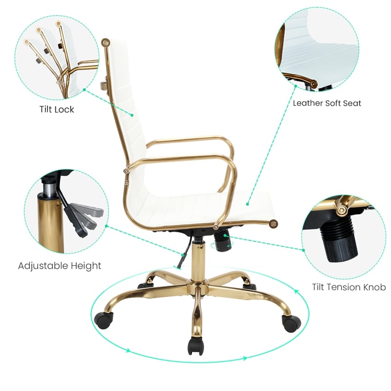 LeisureMod Harris High-Back Faux Leather Office Chair With Gold Frame in White