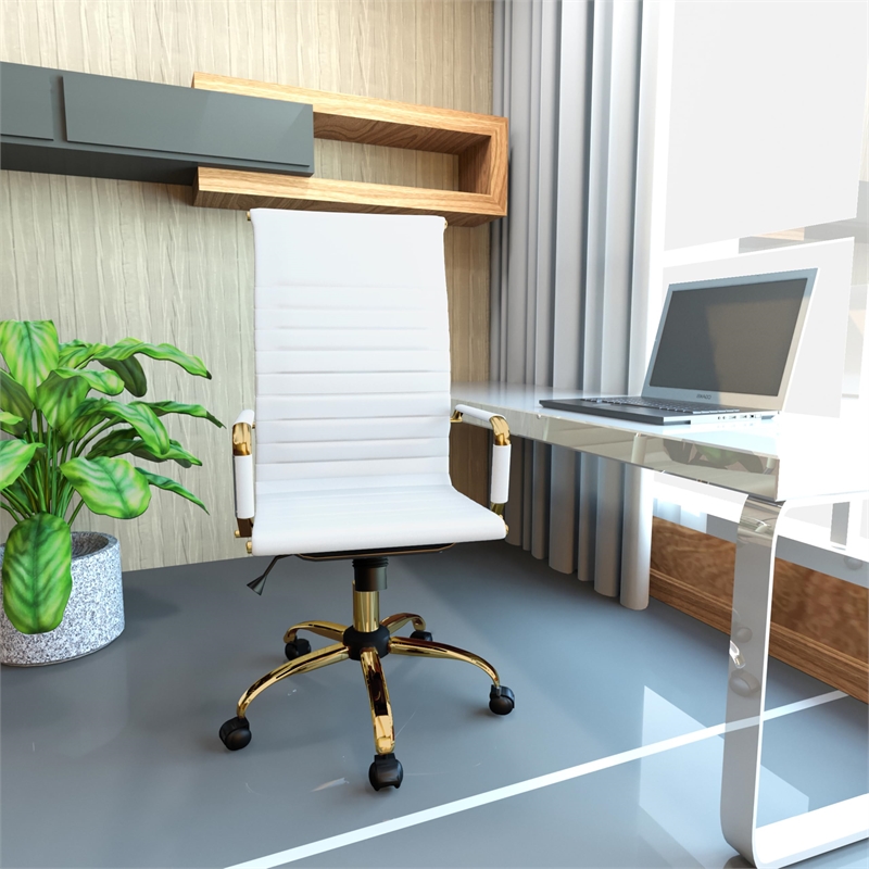 LeisureMod Harris High-Back Faux Leather Office Chair With Gold Frame in White