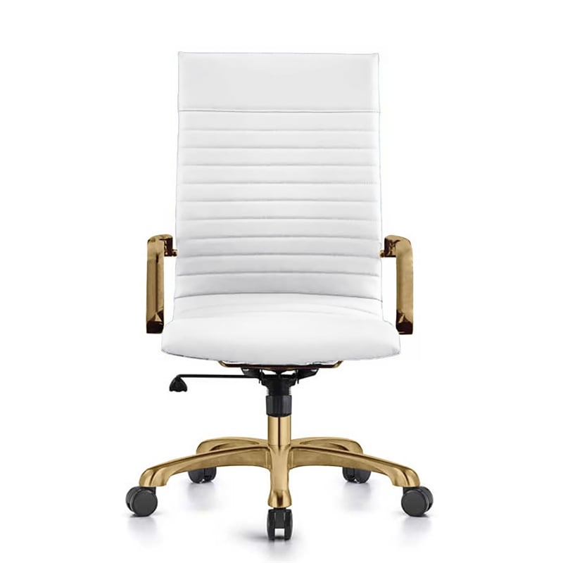 LeisureMod Harris High-Back Faux Leather Office Chair With Gold Frame in White