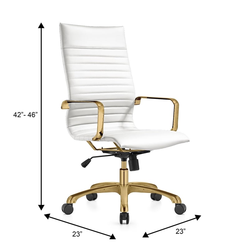 LeisureMod Harris High-Back Faux Leather Office Chair With Gold Frame in White