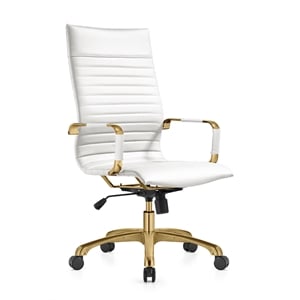 leisuremod harris high-back faux leather office chair with gold frame in white