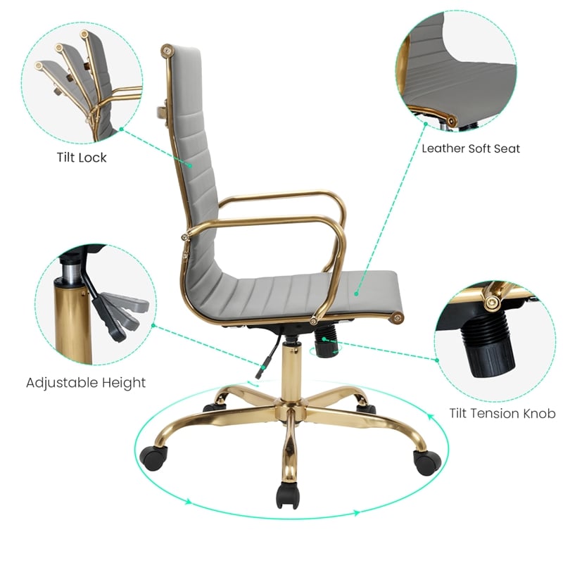 LeisureMod Harris High-Back Faux Leather Office Chair With Gold Frame in Gray