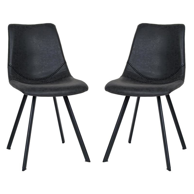 LeisureMod Markley Leather Dining Chair With Metal Legs Set of 2 Charcoal Black