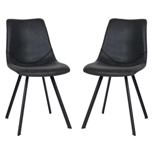 LeisureMod Markley Leather Dining Chair With Metal Legs Set of 2 Charcoal Black