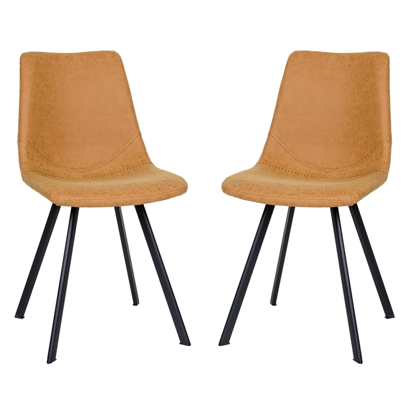 LeisureMod Markley Leather Dining Chair With Metal Legs Set of 2 Light Brown