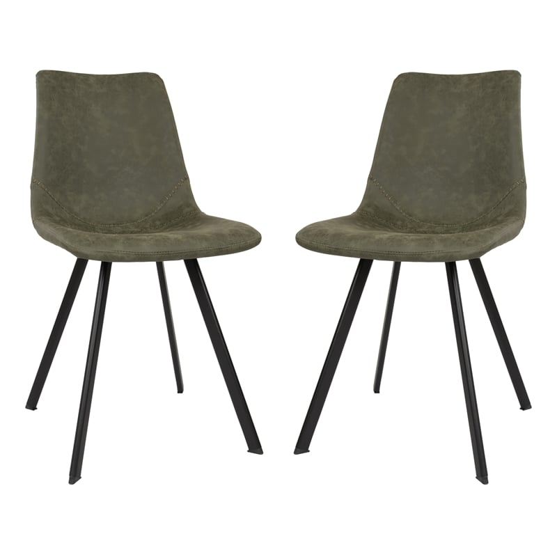 LeisureMod Markley Leather Dining Chair With Metal Legs Set of 2 Olive Green