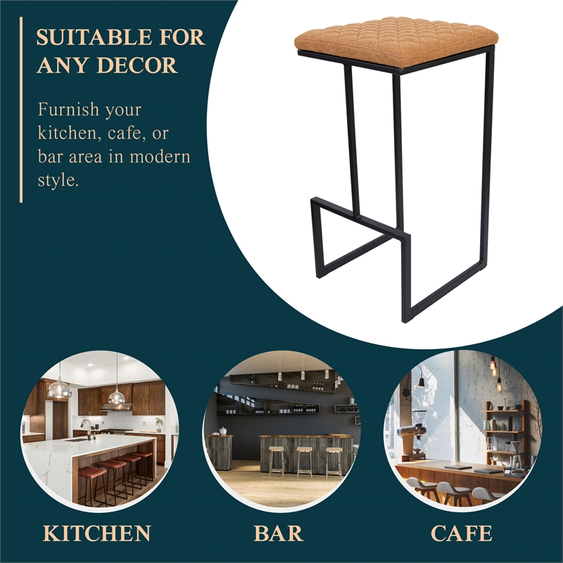 LeisureMod Quincy Quilted Stitched Leather Bar Stools in Light Brown