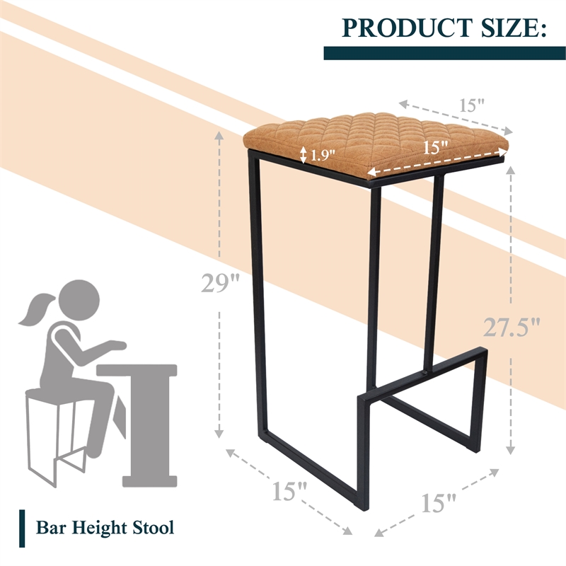 LeisureMod Quincy Quilted Stitched Leather Bar Stools in Light Brown