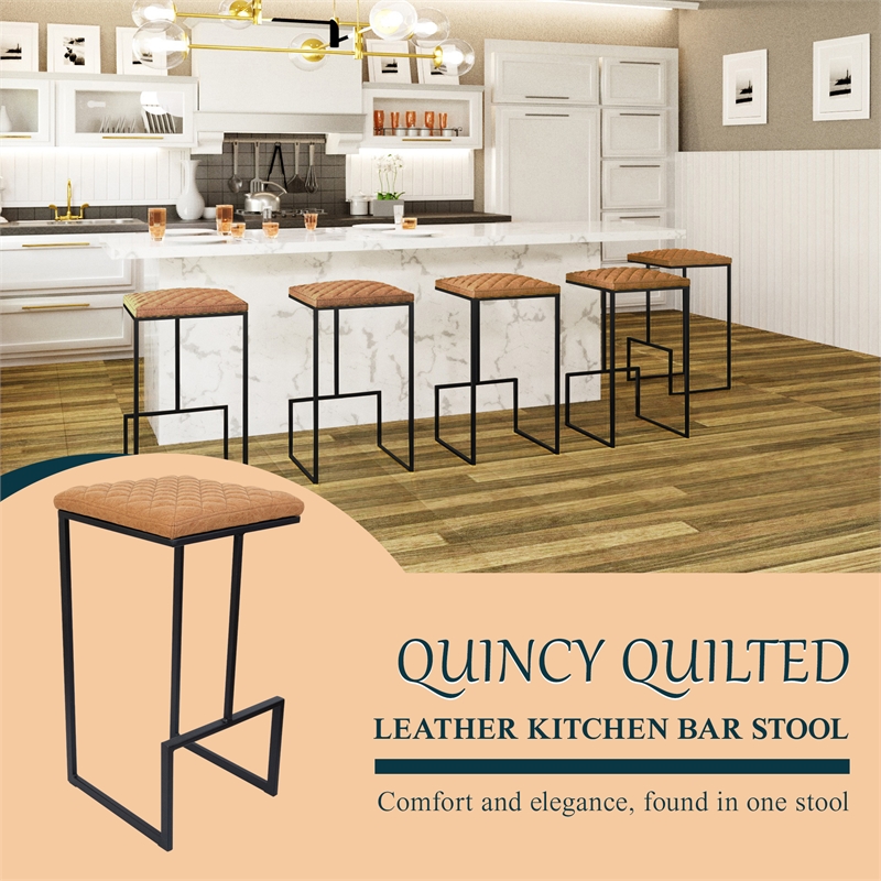 LeisureMod Quincy Quilted Stitched Leather Bar Stools in Light Brown