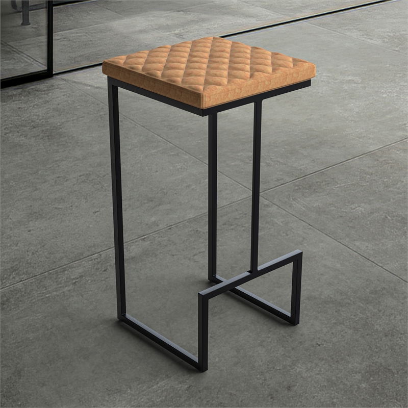 LeisureMod Quincy Quilted Stitched Leather Bar Stools Set of 2 in Light Brown