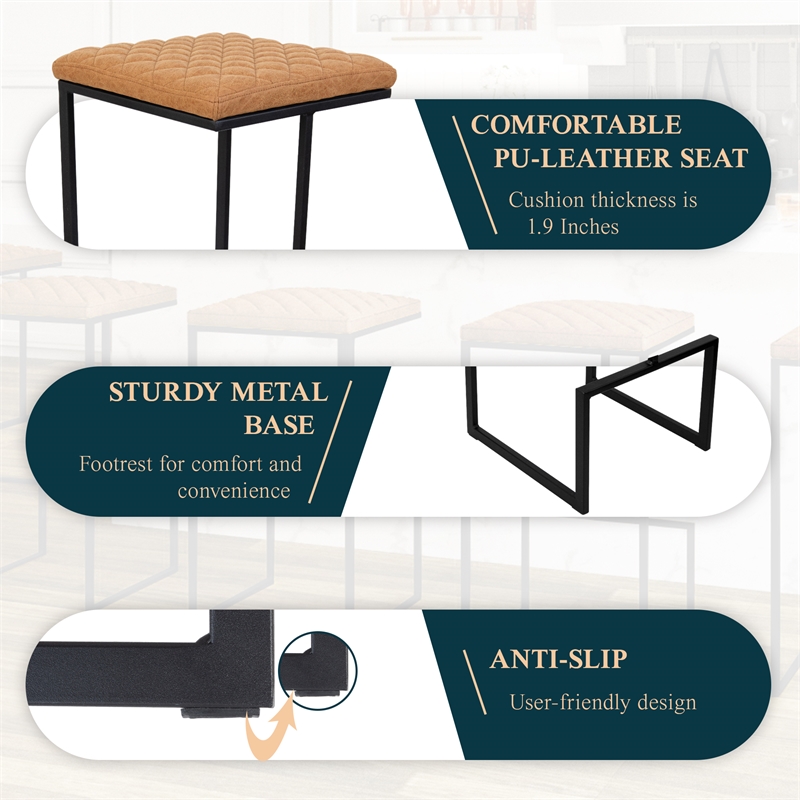 LeisureMod Quincy Quilted Stitched Leather Bar Stools Set of 2 in Light Brown