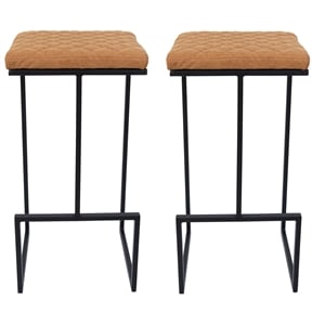 LeisureMod Quincy Quilted Stitched Leather Bar Stools Set of 2 in Light Brown