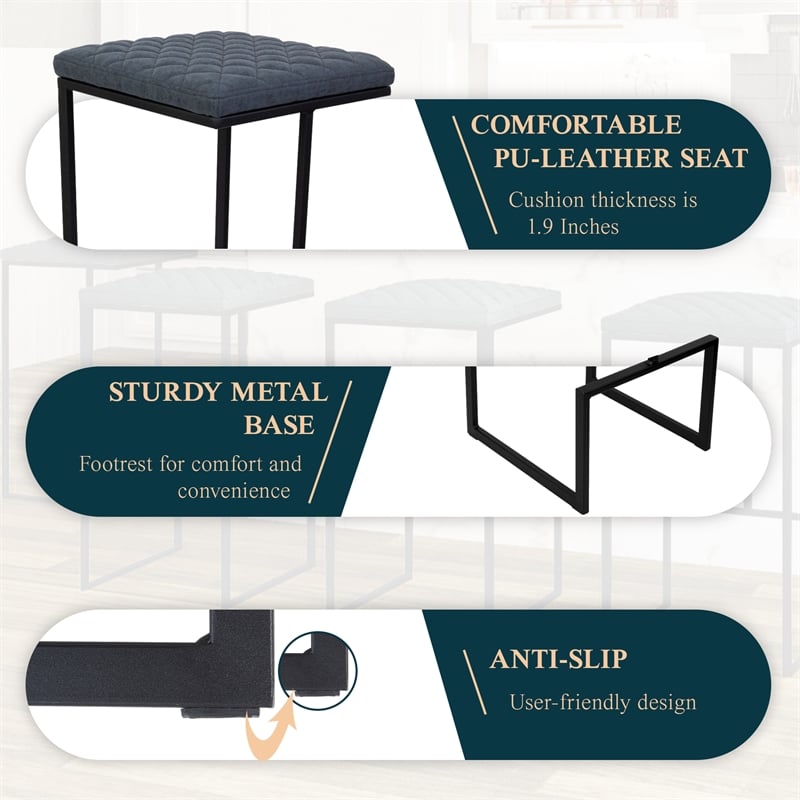 LeisureMod Quincy Quilted Stitched Leather Bar Stools in Peacock Blue