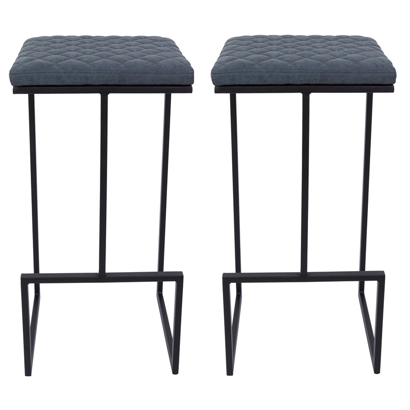 LeisureMod Quincy Quilted Stitched Leather Bar Stools Set of 2 in Peacock Blue