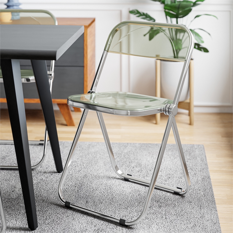 LeisureMod Lawrence Acrylic Folding Chair With Metal Frame in Amber (Set of 2)