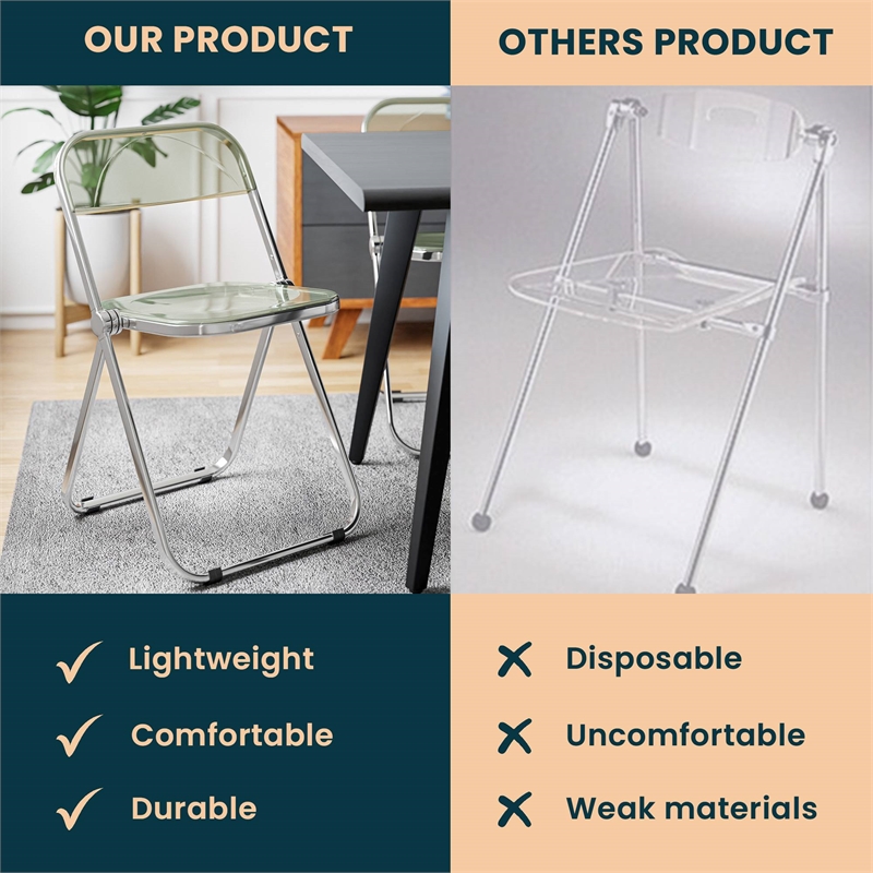 LeisureMod Lawrence Acrylic Folding Chair With Metal Frame in Amber (Set of 2)