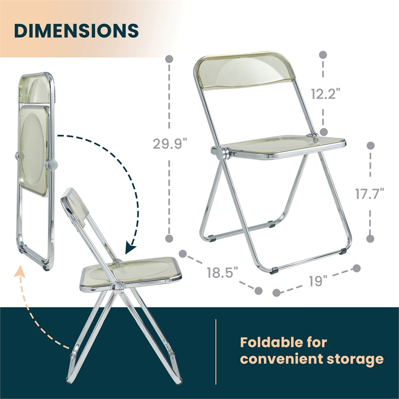 LeisureMod Lawrence Acrylic Folding Chair With Metal Frame in Amber (Set of 4)