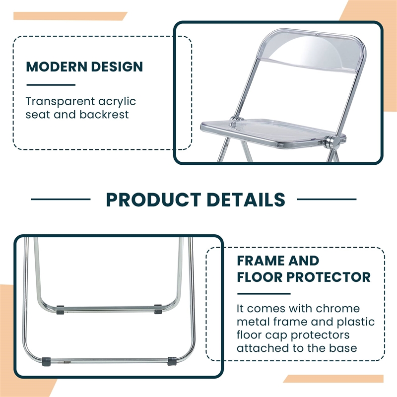 LeisureMod Lawrence Acrylic Folding Chair With Metal Frame in Clear
